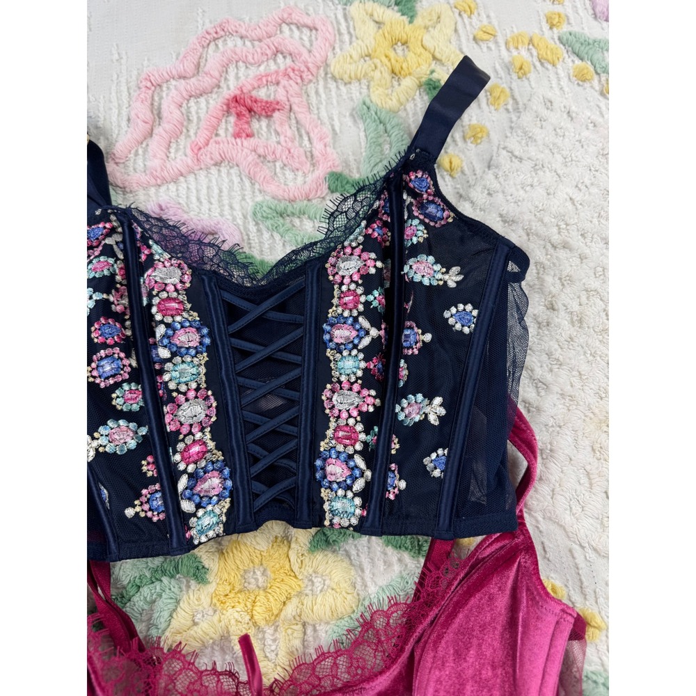 Victoria's‎ Secret Corset Bustier Top Set Floral Lace Up Burgundy Navy  xs - Picture 2 of 15